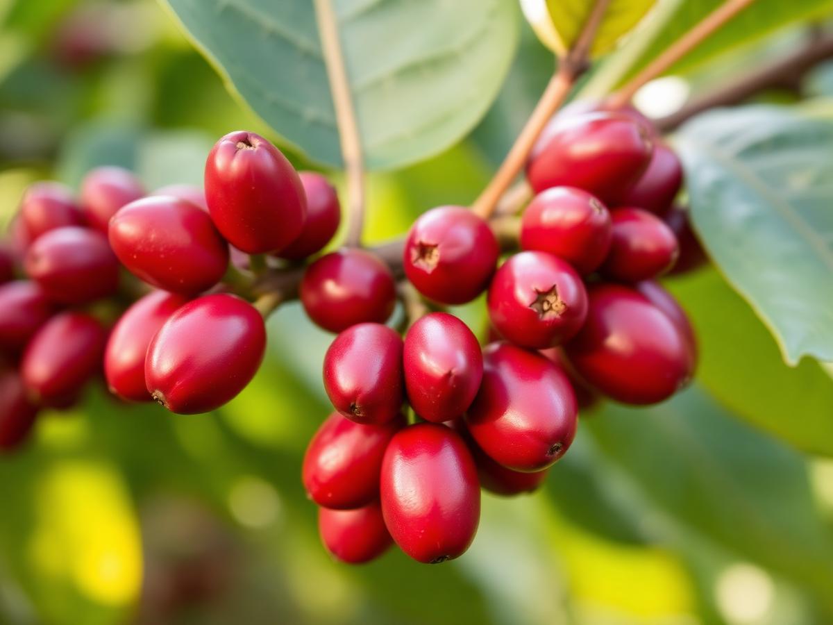 Cerezas de café maduras en la rama de un cafeto