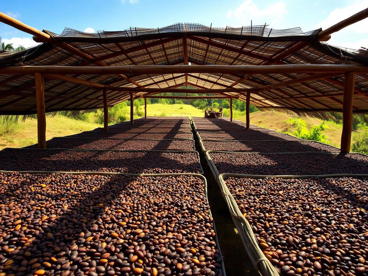 Granos de café secándose en camas elevadas bajo la marquesina
