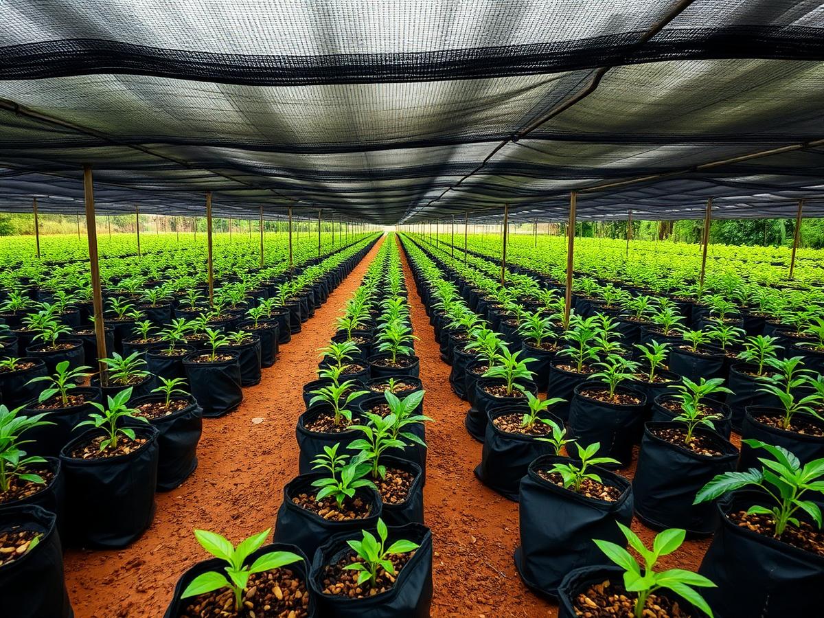 Vivero de café con plántulas jóvenes bajo malla de sombra