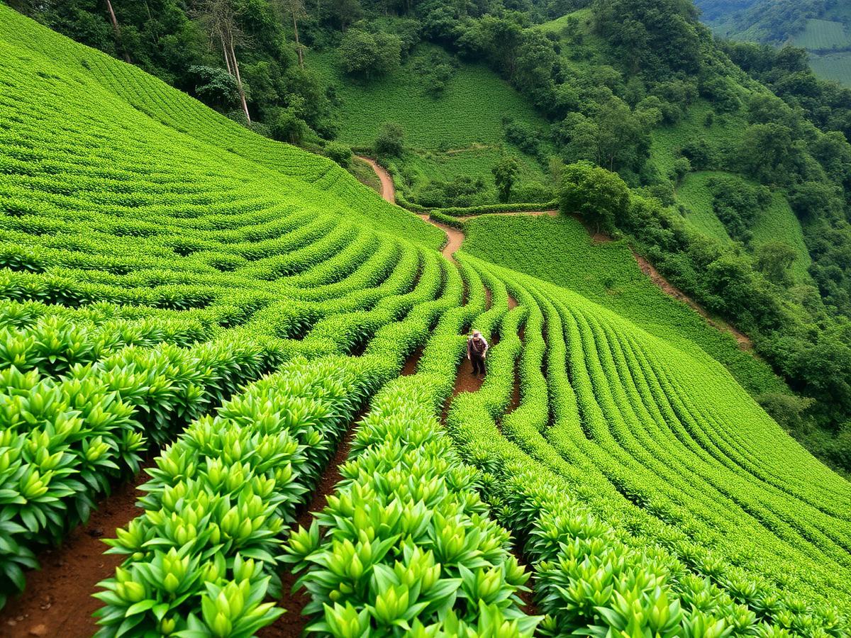 Hileras de cafetos en la ladera de la plantación